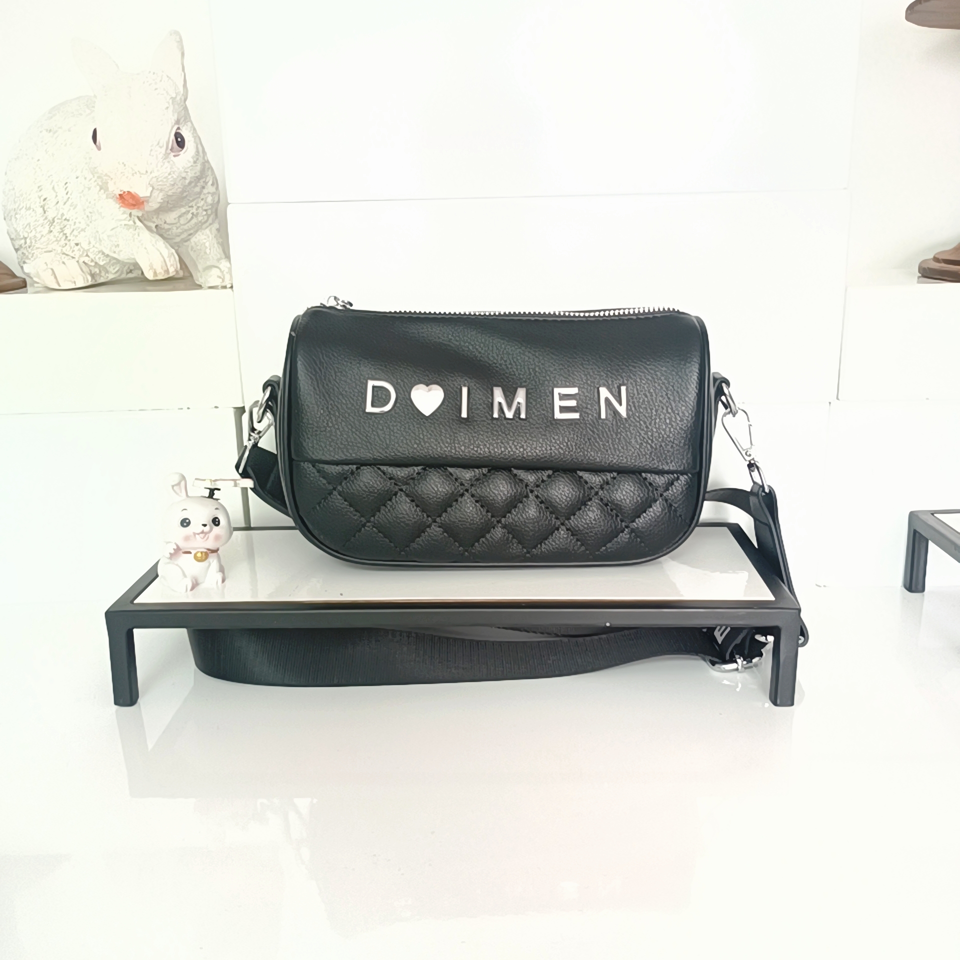 女包时尚女士女士黑色经典单肩菱格肩包百搭流浪包中号黑银圆筒包