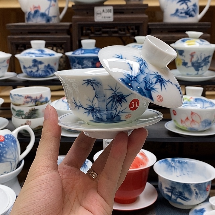 手绘咏竹悬停盖碗150cc釉下彩微瑕福利款