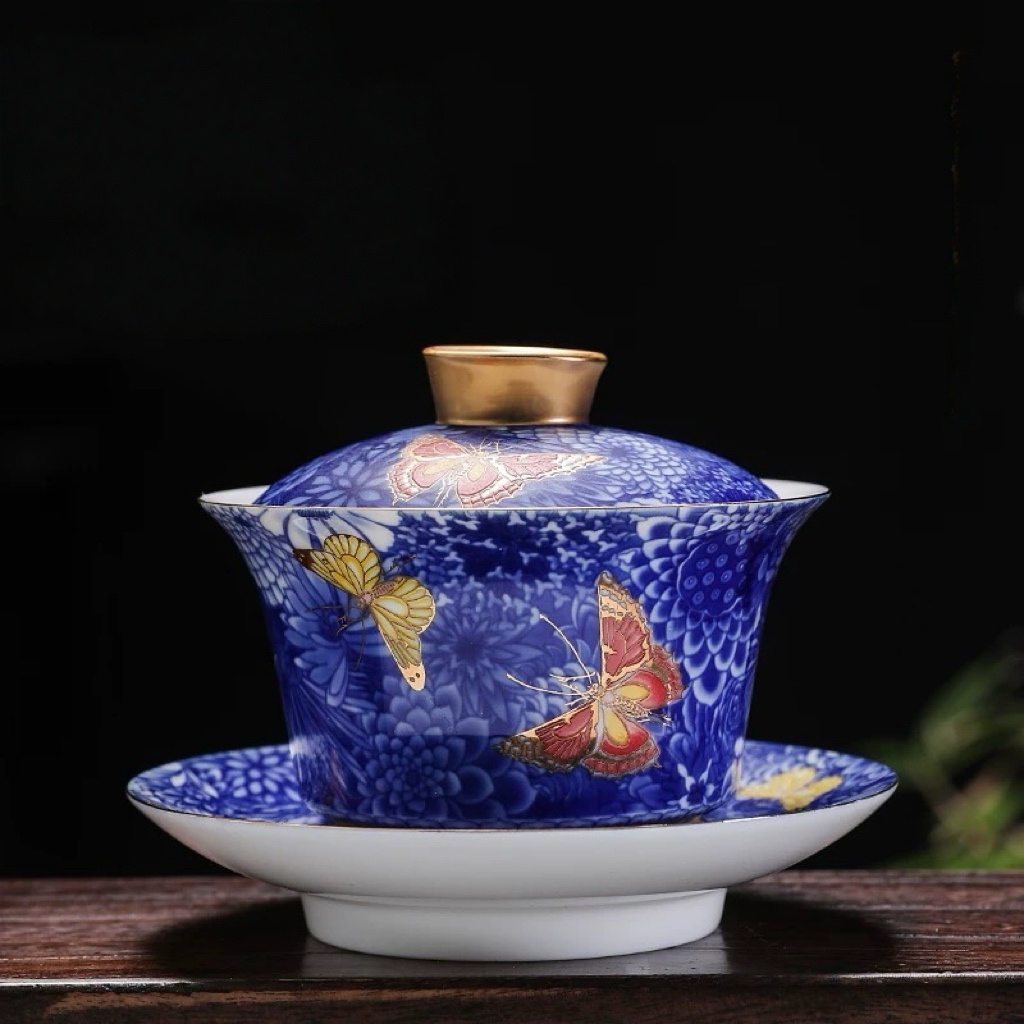 青花盖碗中式满彩三才碗功夫茶具手抓泡茶器敬茶碗陶瓷防烫泡茶碗