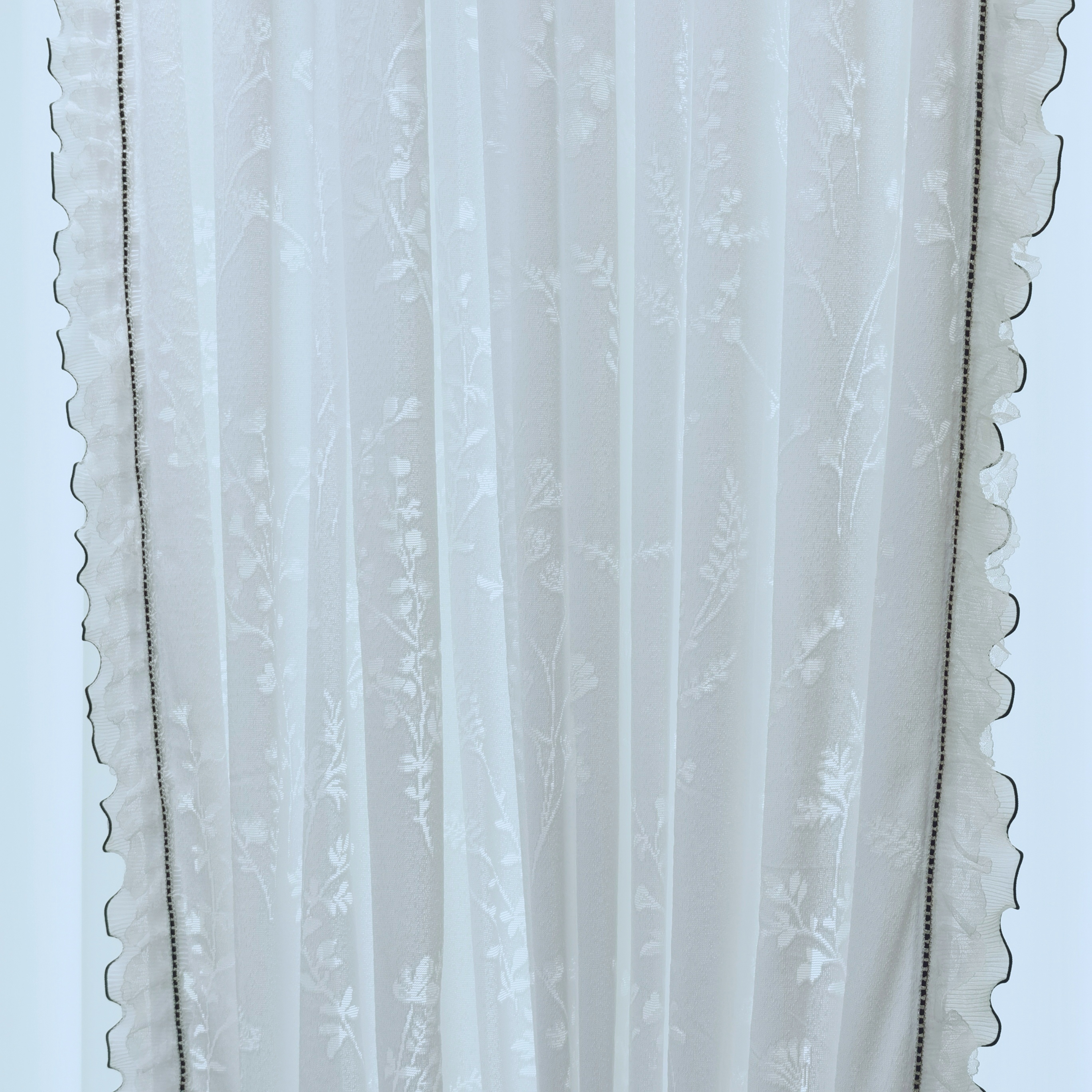 【有钱花—白色】带4条黑花边成品对开透光不透人纱帘阳台客厅纱阳台