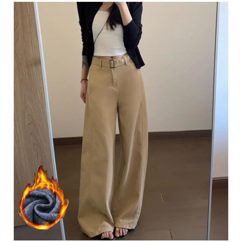 加绒美式复古卡其色休闲裤女秋冬季简约宽松显瘦百搭拖地裤阔腿裤