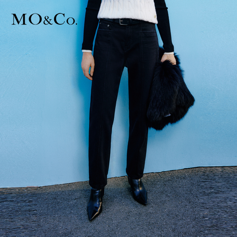 【防寒】【吸光发热】MOCO冬高腰九分黑色牛仔裤MBC4JENT08