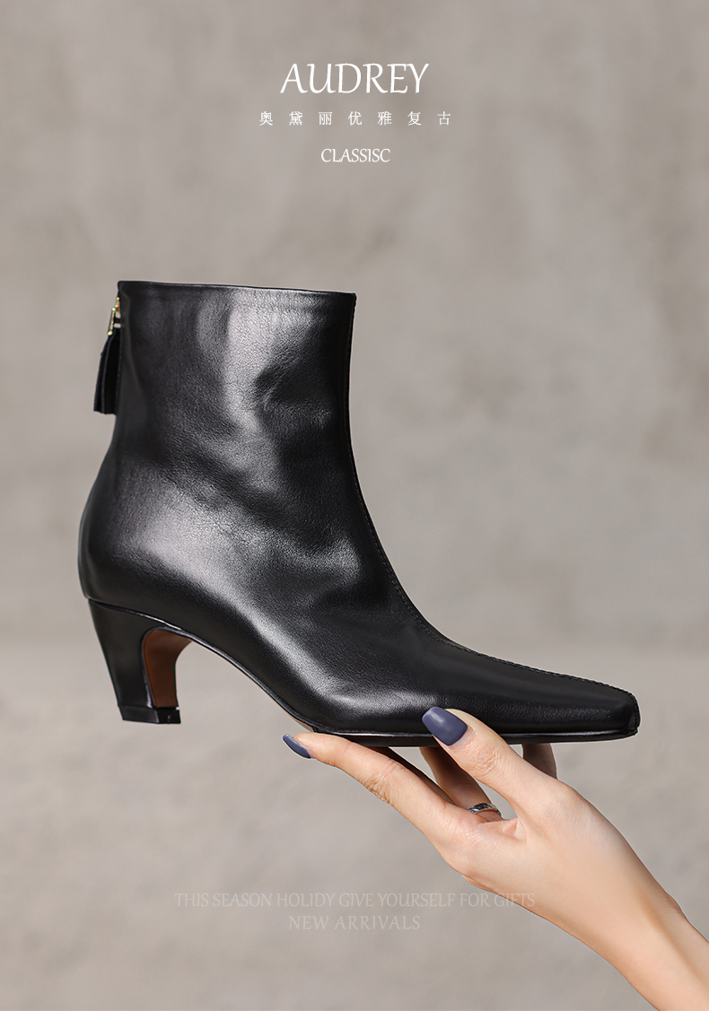 5cm韩系小踝靴水洗牛皮真皮时装靴冬季复古风气质瘦瘦靴短筒高跟