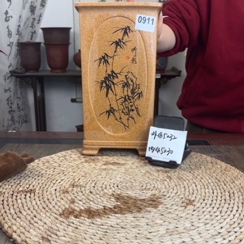 紫砂花盆柴烧超精品内奎椭圆面刻绘高签筒0911