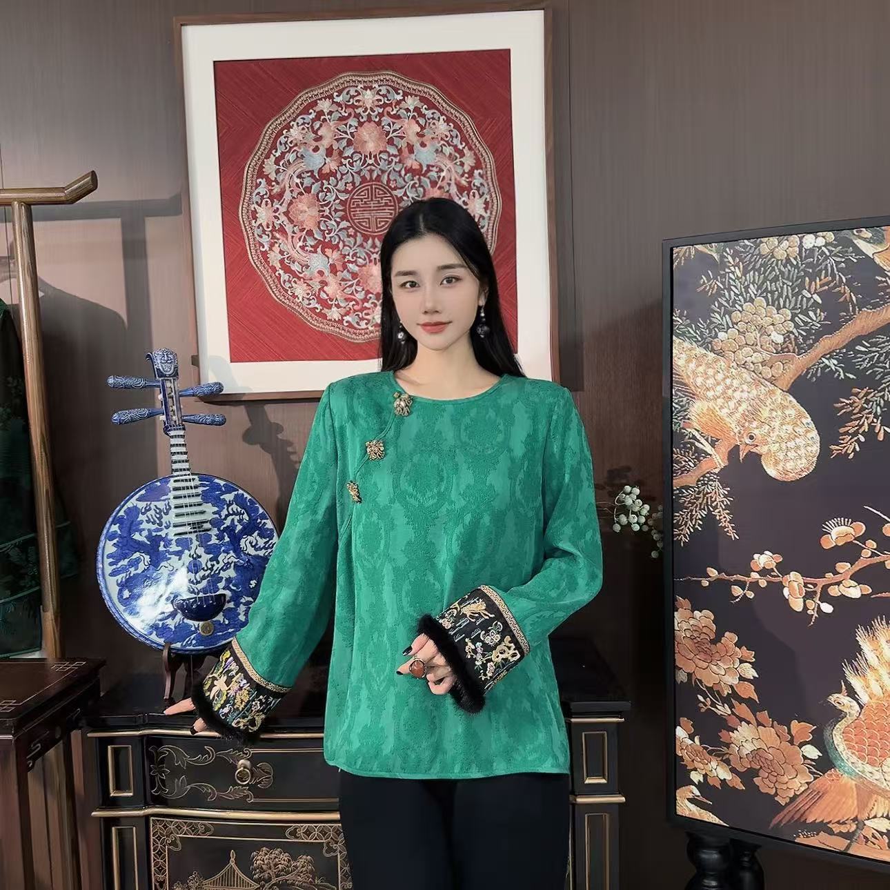 Betty Bairn【半盏青绿】新中式提花重工刺绣上衣Q7211