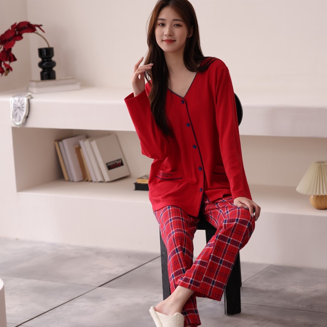 佐雅喜庆红格棉提花秋冬女士家居服