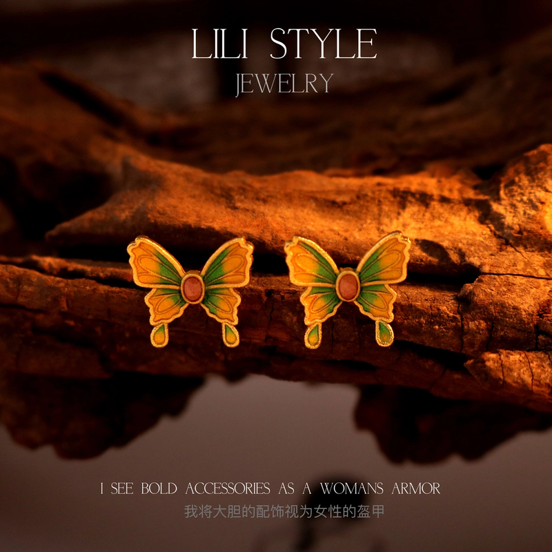 铜合金耳饰 【捕梦】新中式彩色蝴蝶耳钉文艺复古耳环高级耳饰T214