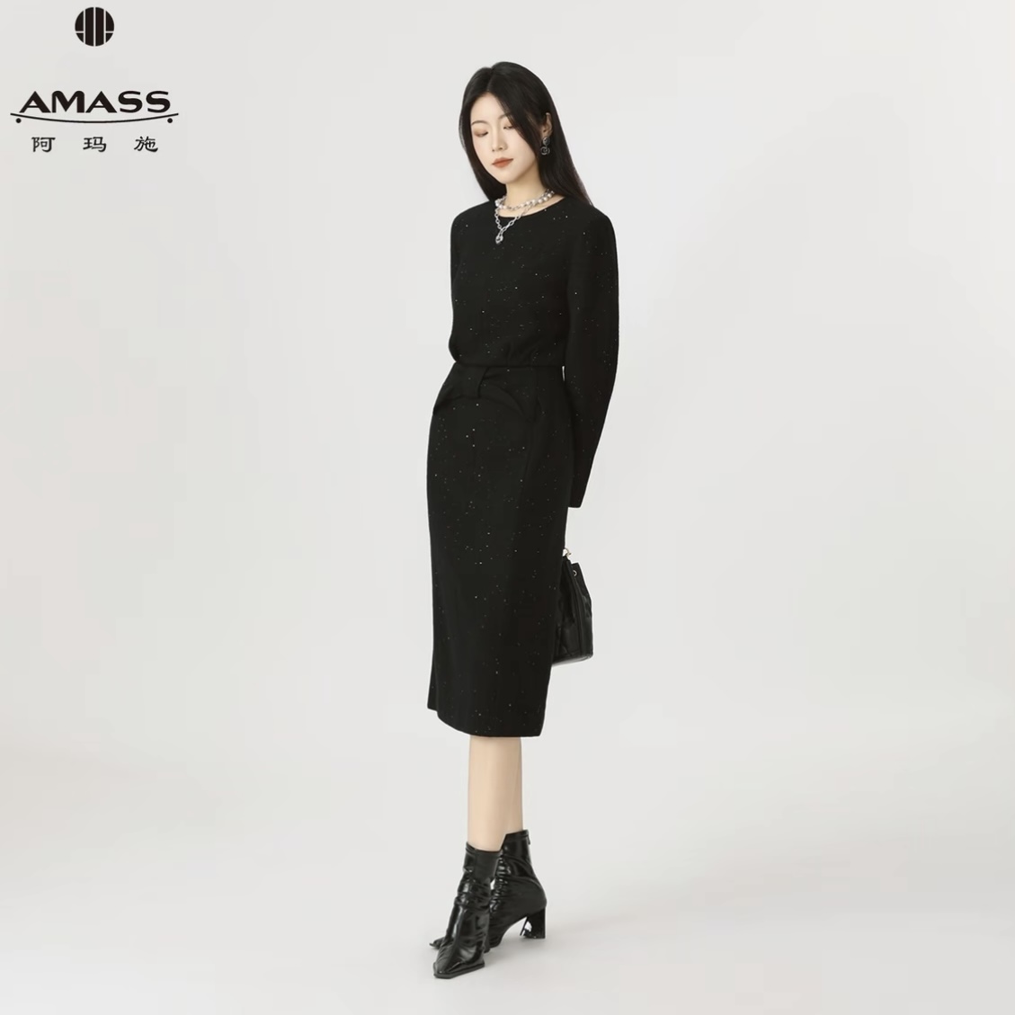 AMASS/阿玛施早秋新款轻职场法式优雅纯色连衣裙550037