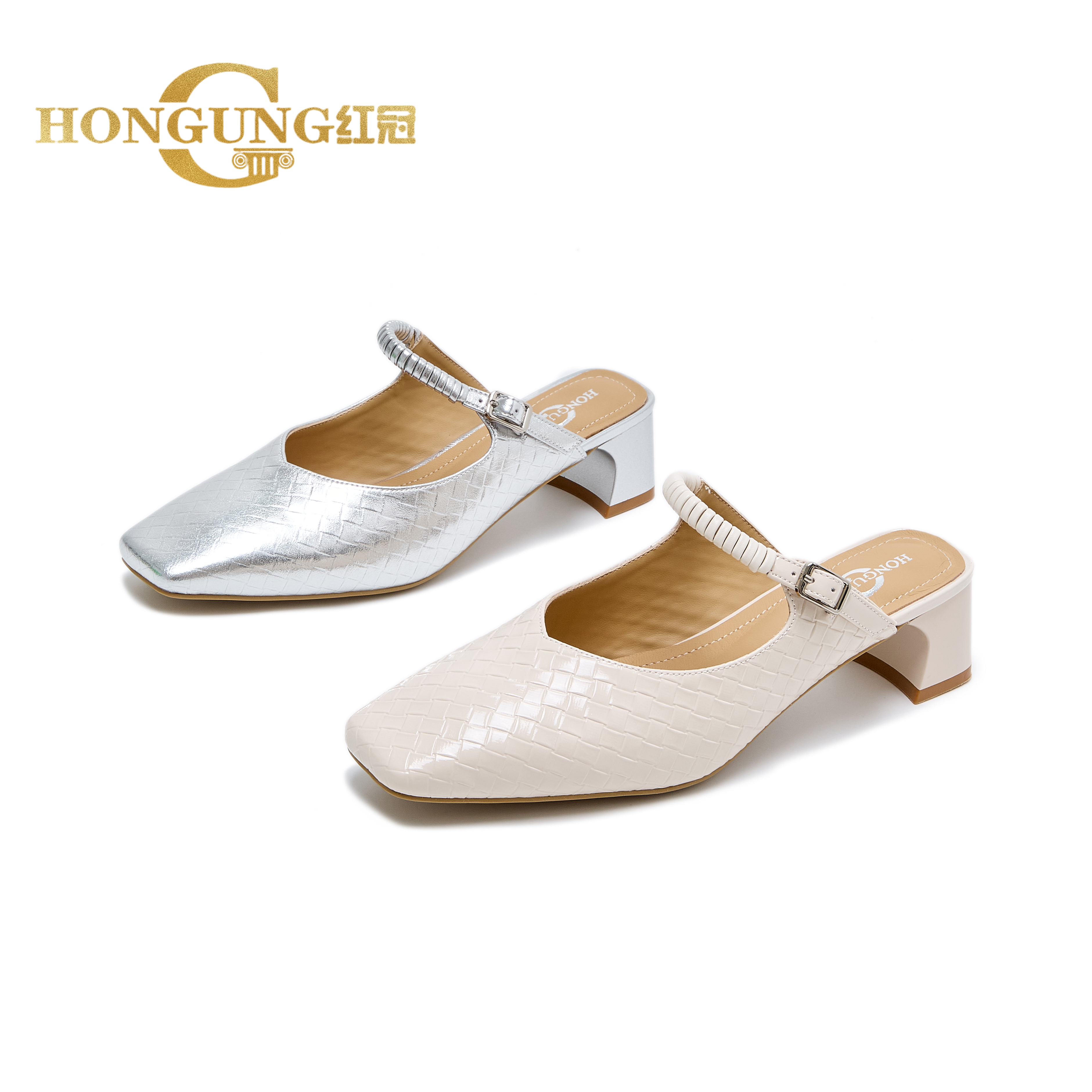 清！4cm～红冠法式新款方头包头半银色白色拖鞋外穿方根轻职风8075