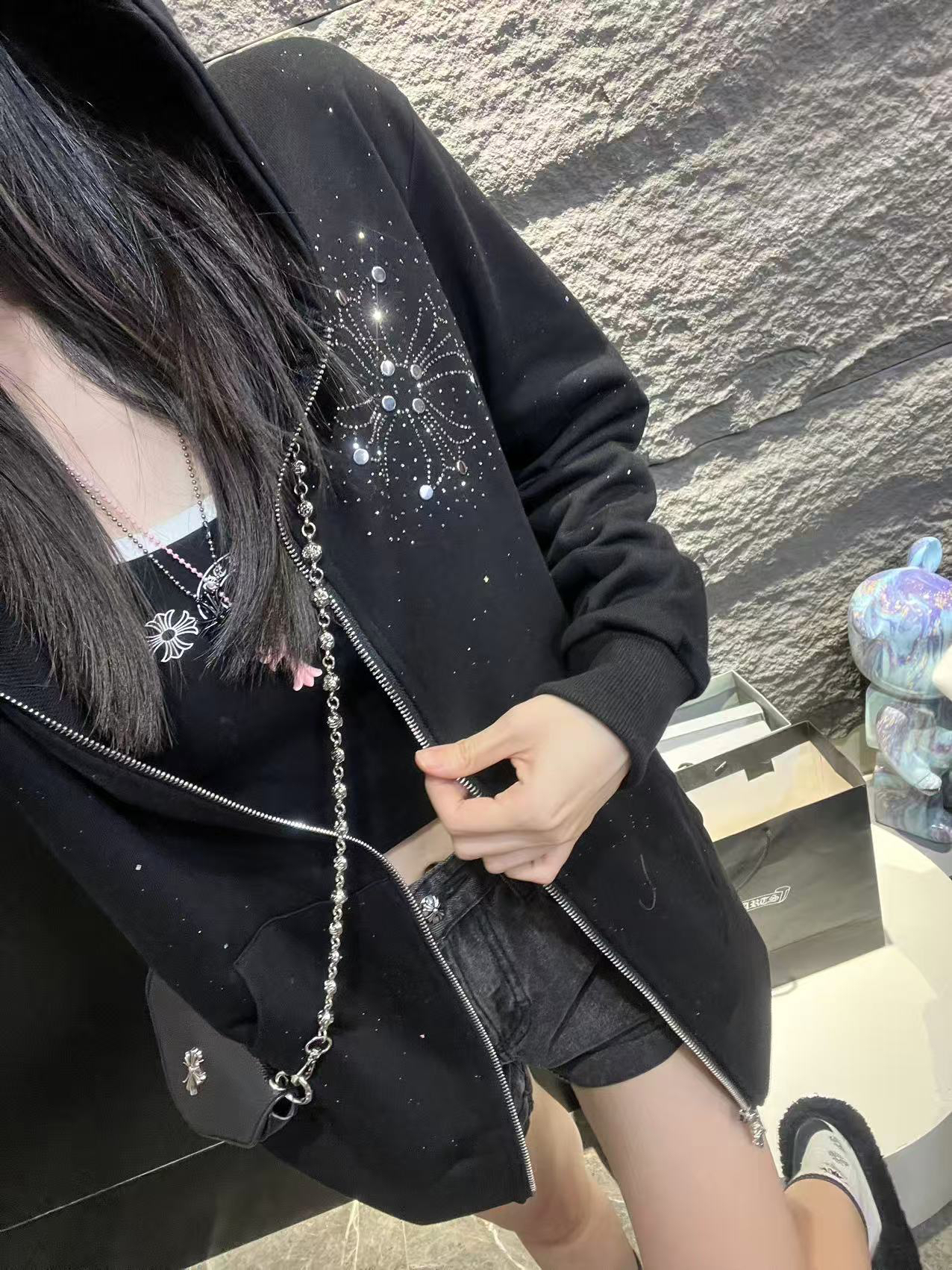 【杨娇娇COCO】秋冬新款梵文烫钻开衫卫衣外套男女同款