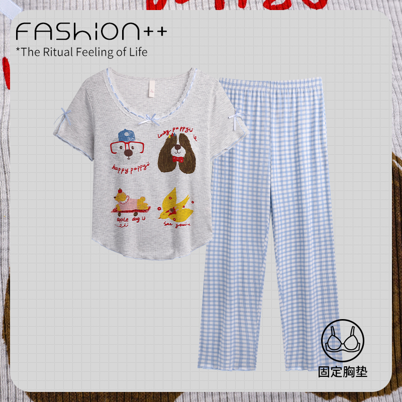 夏季新款莫代尔睡衣女韩版甜美休闲短袖短裤家居服可外穿带胸垫