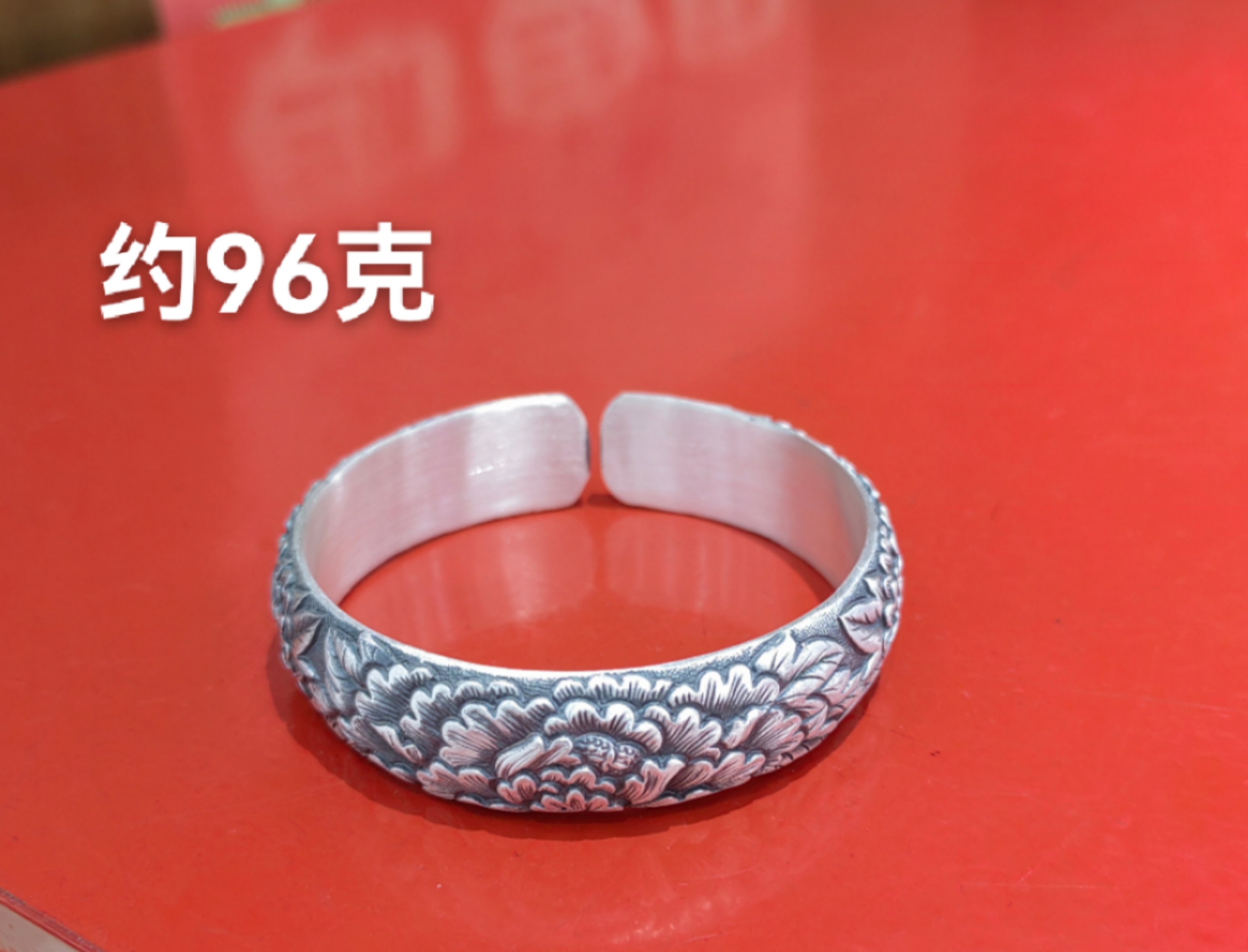 足银手镯 喜公公手工999精品浮雕做旧复古花开富贵手镯纯手工时尚