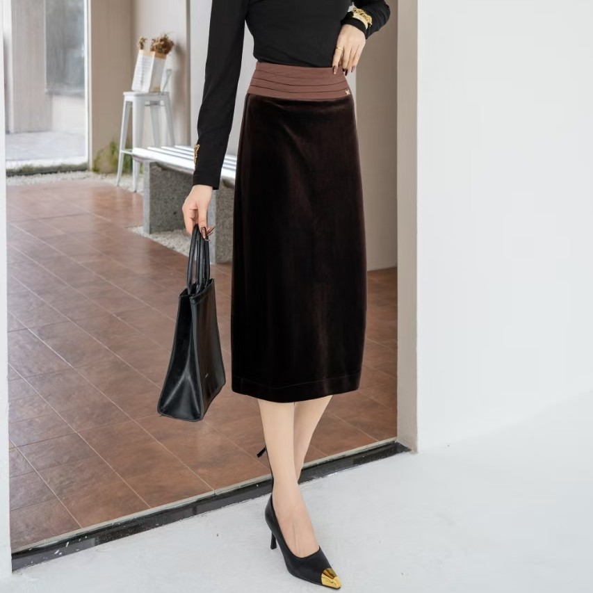秋冬新品气质显瘦高腰复古中长款包臀半身裙时尚百搭——高定丝绒裙