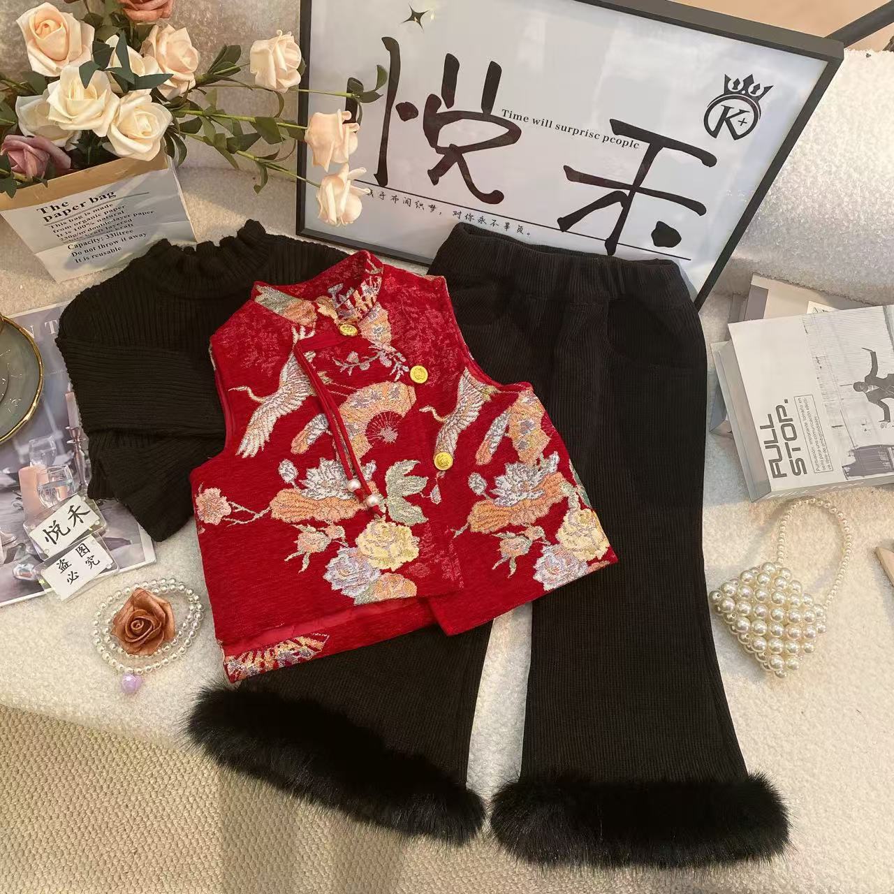 Y3【悦禾】萌娃冬装加厚国风红色喜庆拜年服暖冬复古裤子套装6458