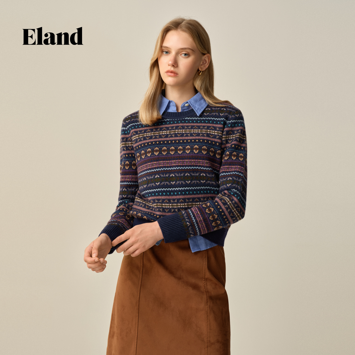 Eland衣恋秋冬新款费尔岛提花设计长袖圆领针织毛衣女EEKWF4TB09