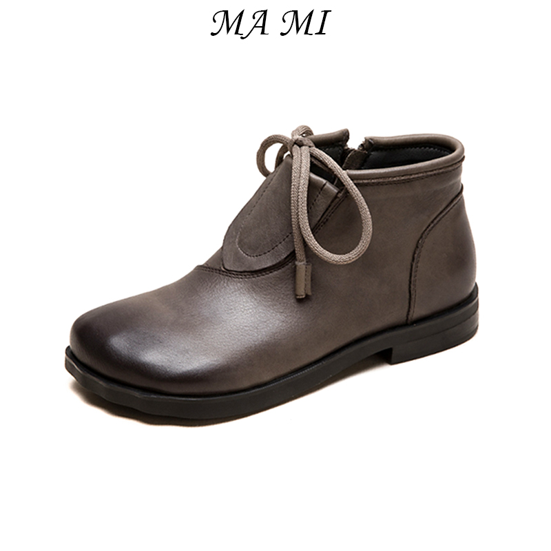 【MAMI】秋冬新款复古百搭平底中年短靴舒适通勤休闲真皮女鞋
