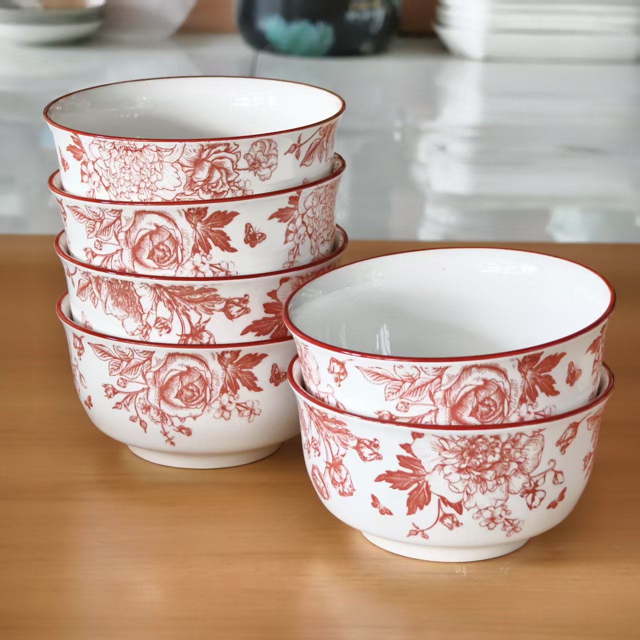 瓷县令5.25英寸玫瑰丽宴碗釉下彩中式商用家用丽宴碗6只装陶瓷碗