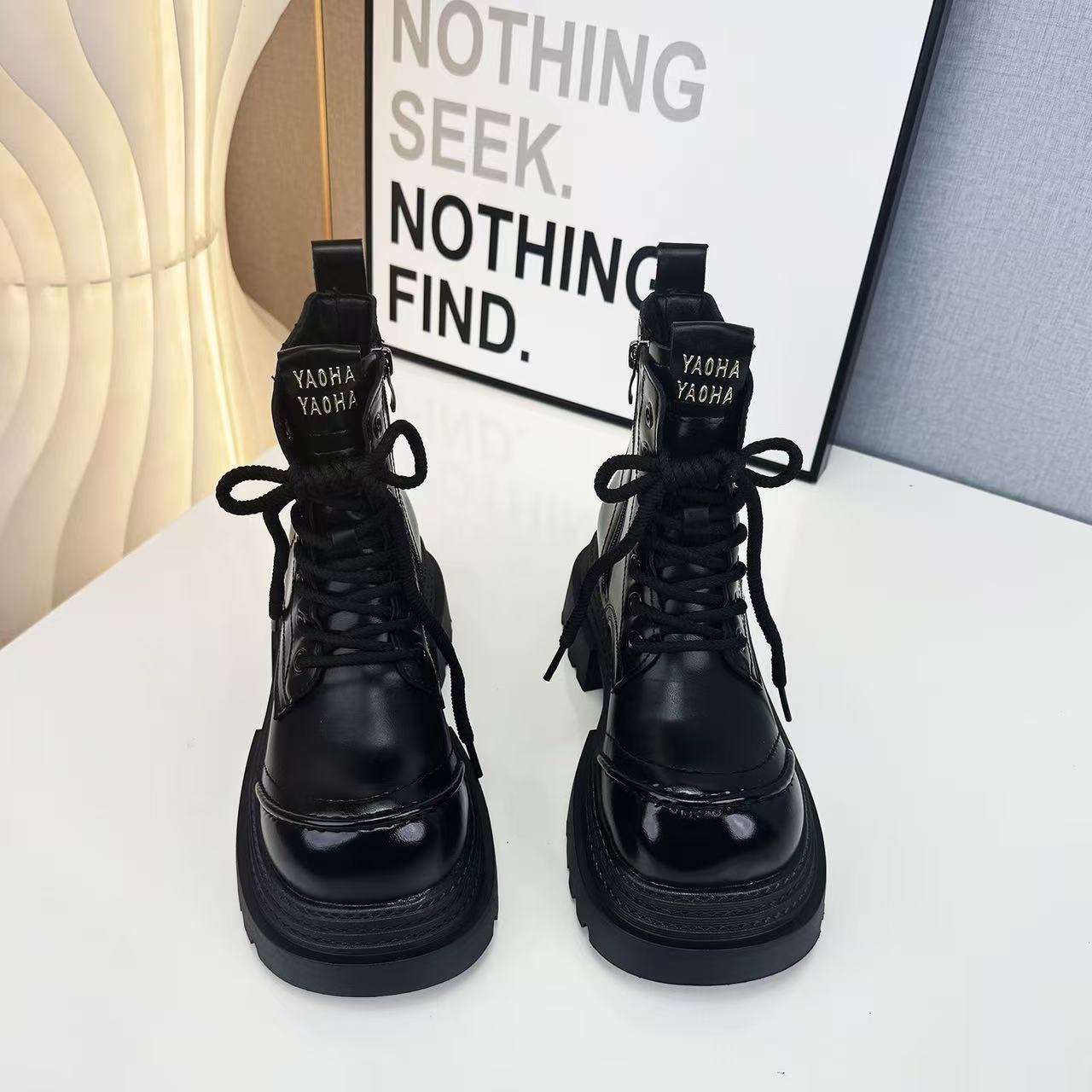 （610-2）复古真皮厚底马丁靴女秋冬季英伦小个子超轻增高短靴