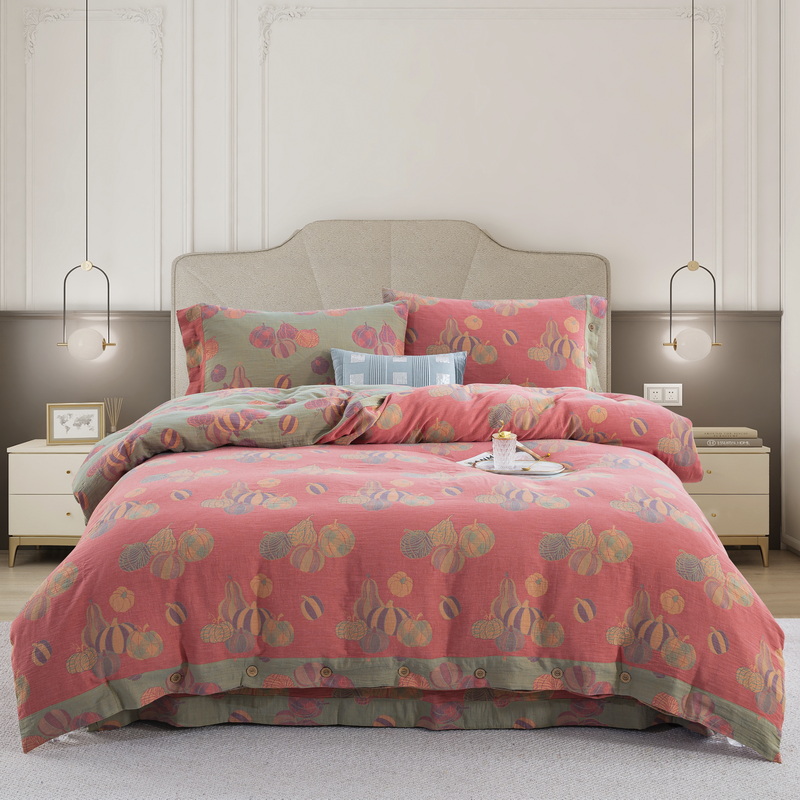 【子孙满堂-粉全棉双层纱加厚色织提花四件套柔软舒适度高床上用品