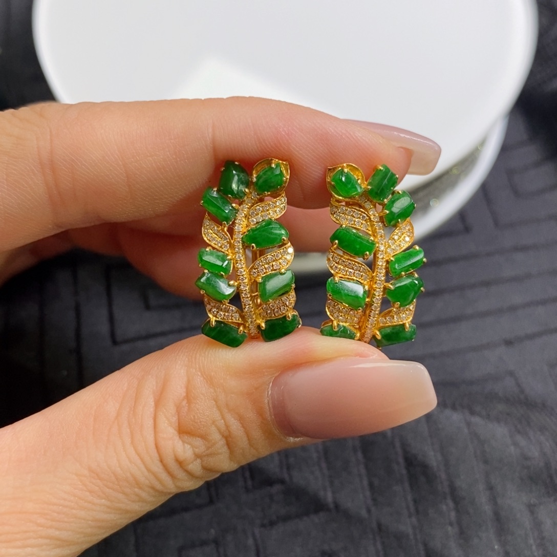 翡翠18K金镶嵌耳饰随形料子麦穗设计款耳包