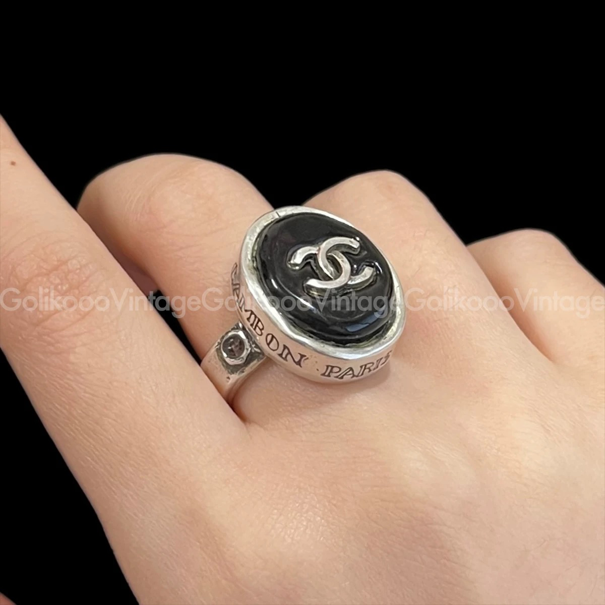 95新 Chanel/香奈儿 99A银色紫琉璃椭圆康鹏戒指 YU25370 