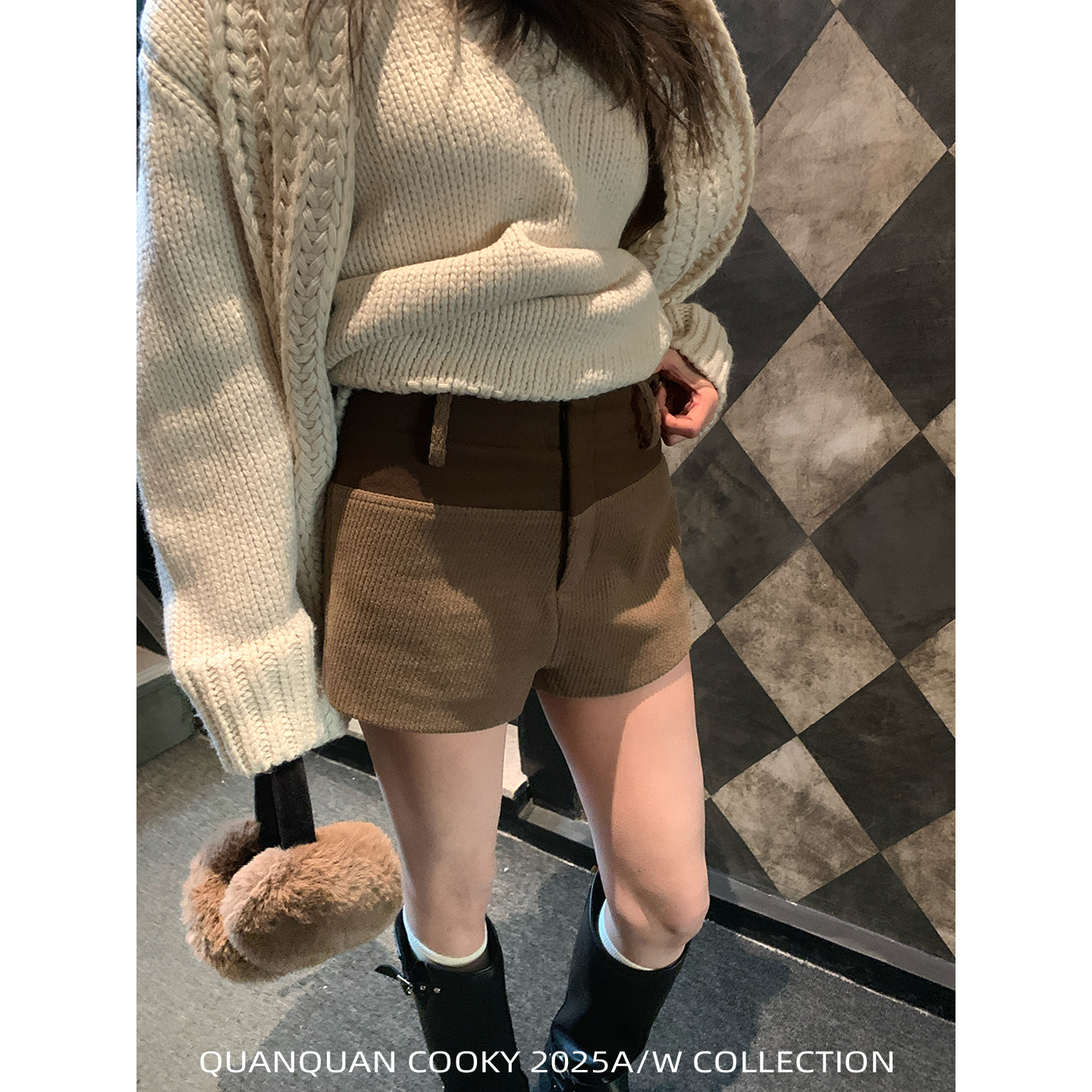 圈圈cooky【12.8 20点上新】SuperGirl 斜纹拼接短裤L1266K