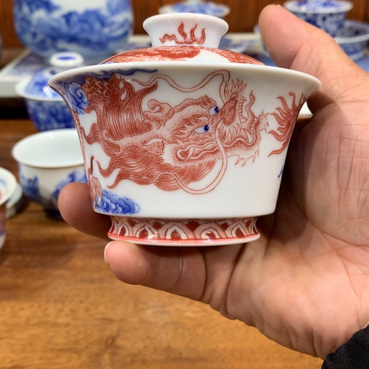 自成堂柴窑青花双龙盖碗