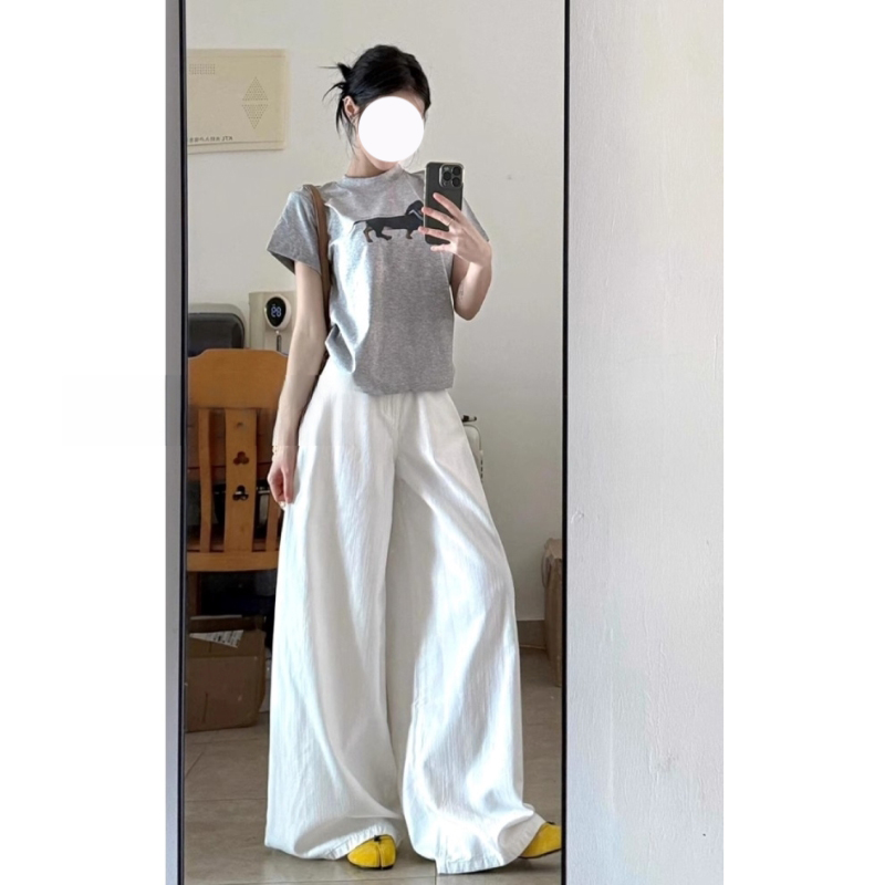 美式复古白色阔腿牛仔裤女2025夏季新款慵懒松弛宽松显瘦拖地长裤