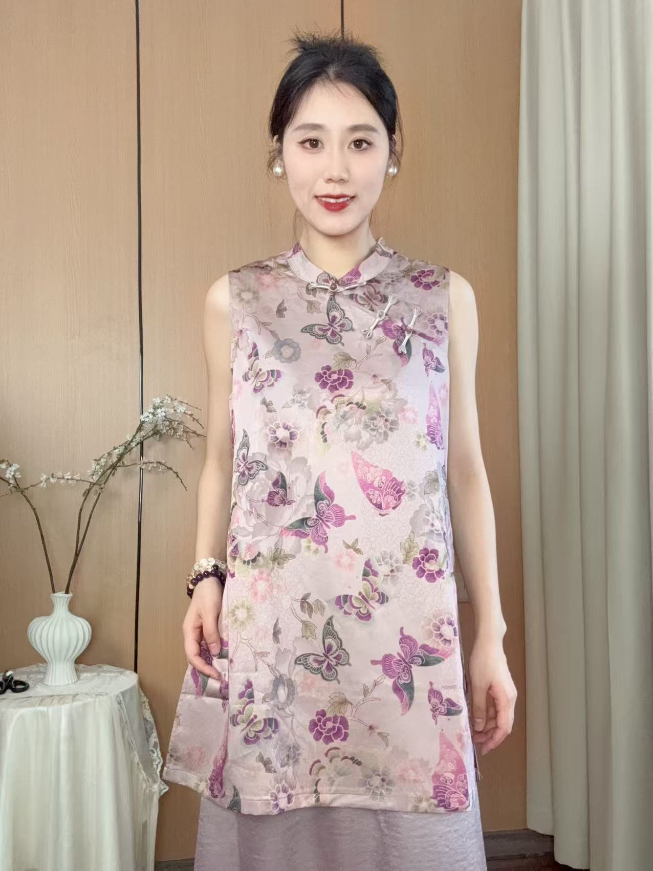 盘扣设计花卉图案中长款薄款上衣新中式女装