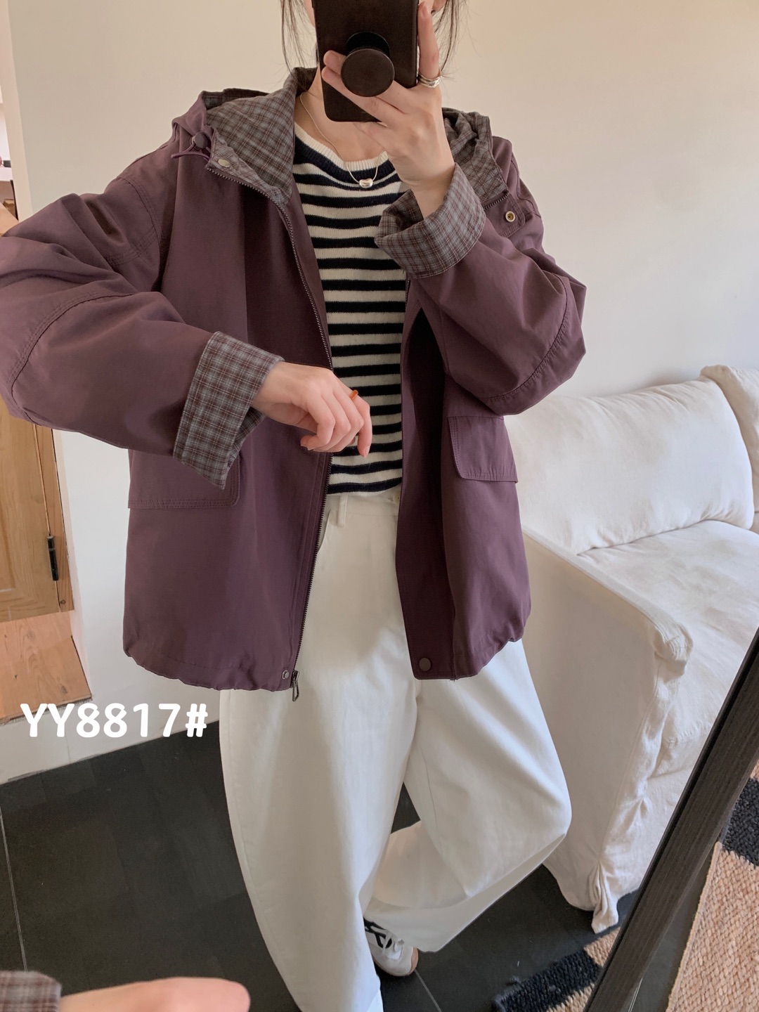 YY8817百搭户外长袖连帽口袋外套宽松休闲风衣女士外套