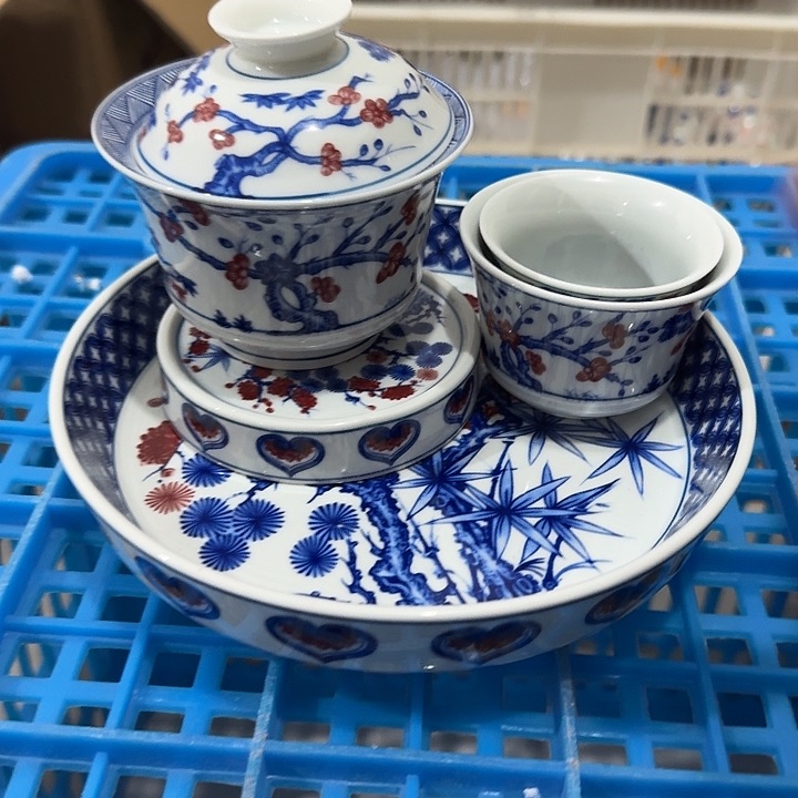 杯釉里红松竹梅五件套