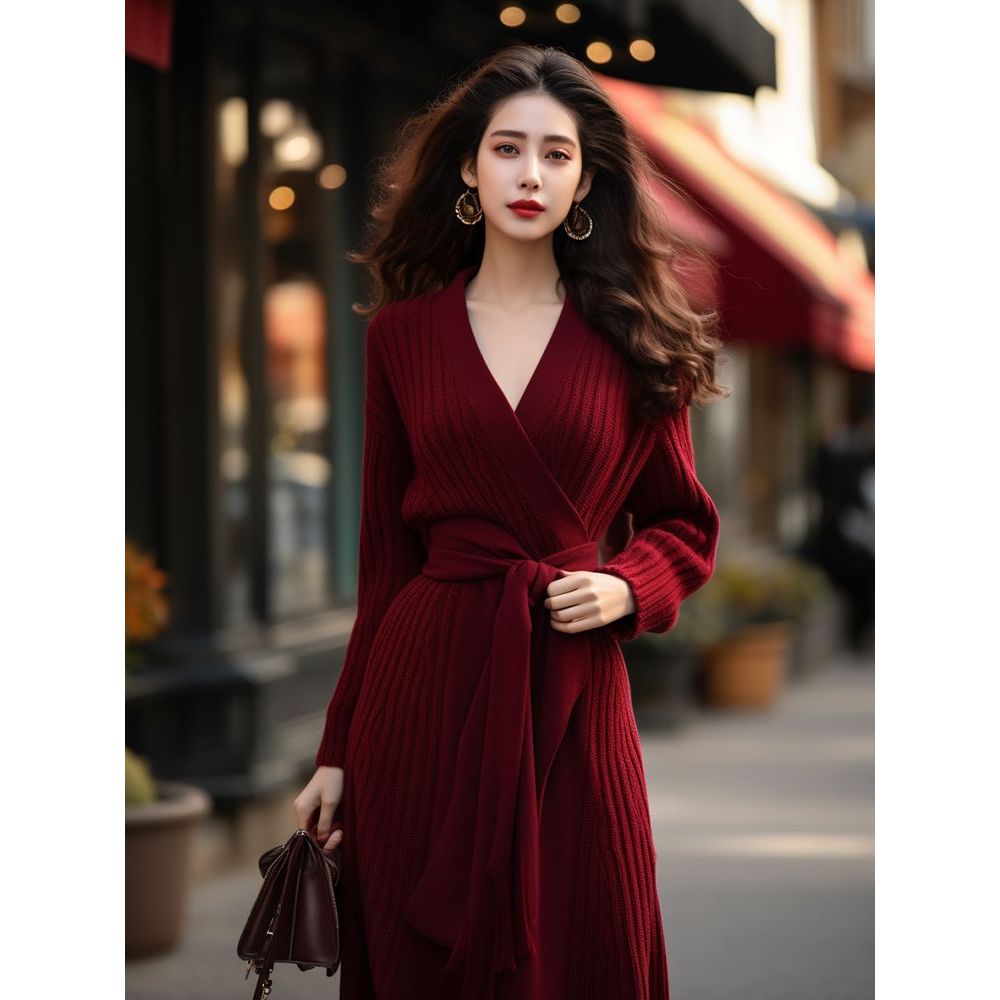  T313493秋冬新款长袖红色超仙针织裙女装韩版V领收腰显瘦流行打