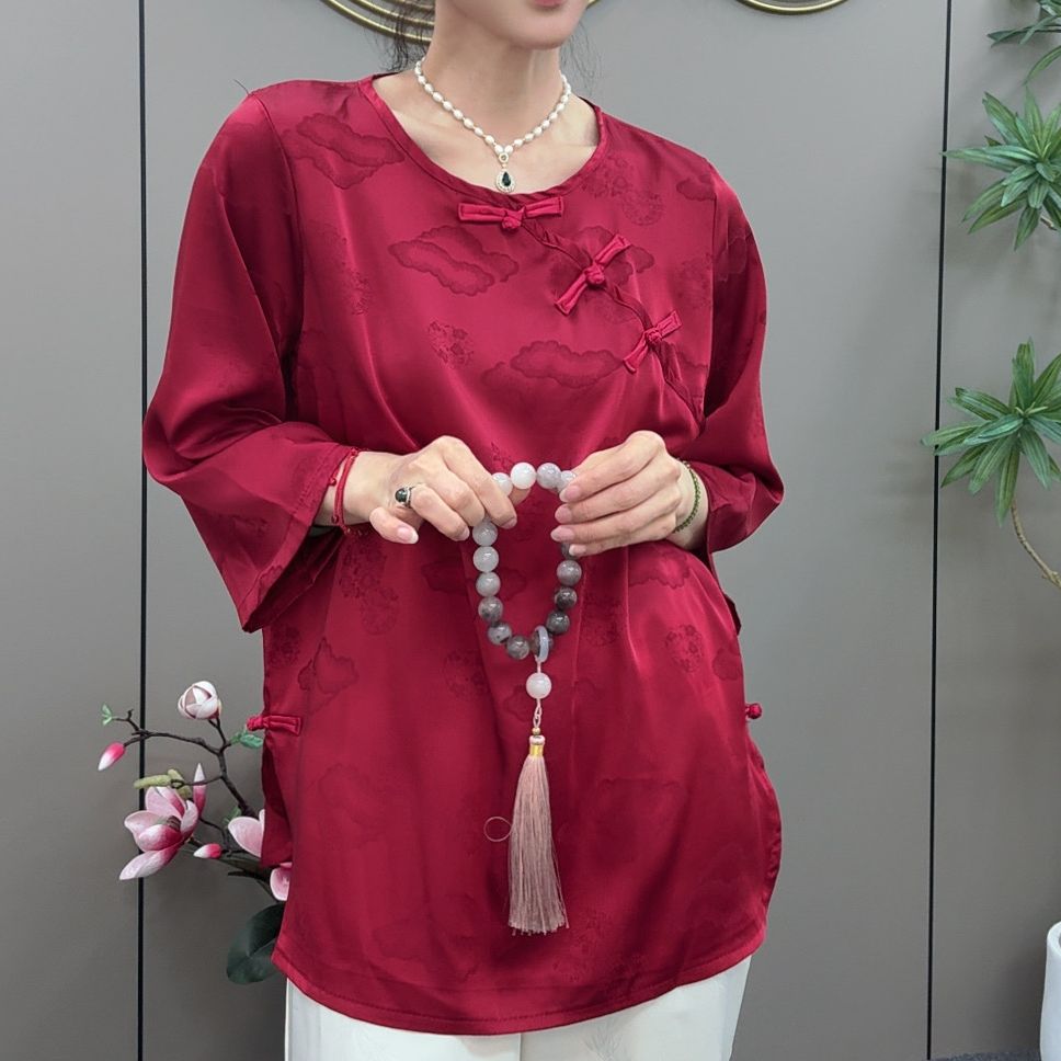 三姐家2025春款新中式提花斜襟盘扣短袖上衣