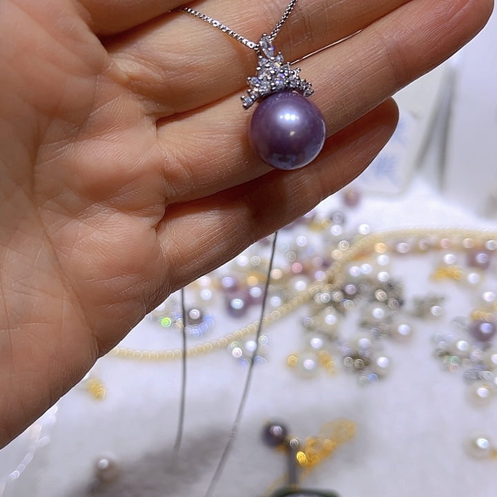 淡水珍珠紫珠银色冰雪女王吊坠银S925镶嵌