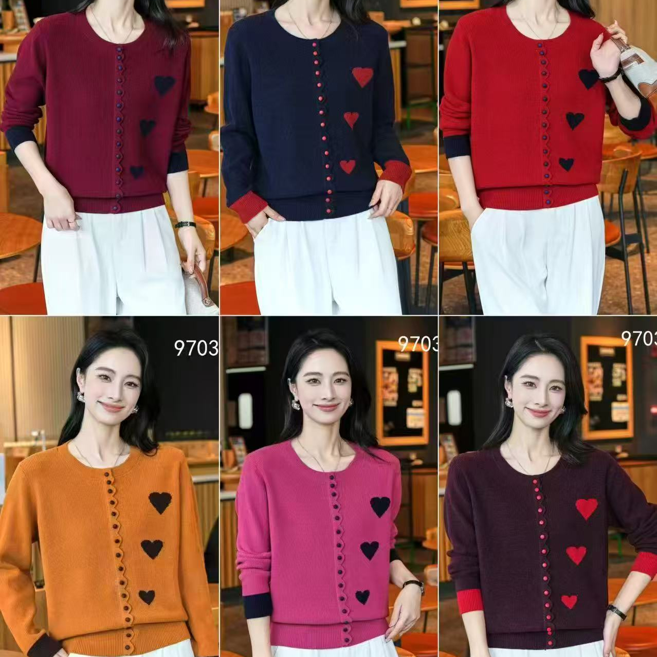 爱心波浪扣圆领套头女针织衫