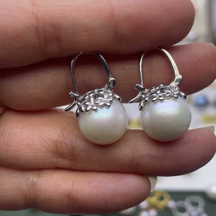 淡水珍珠耳饰银S925镶嵌花*语
