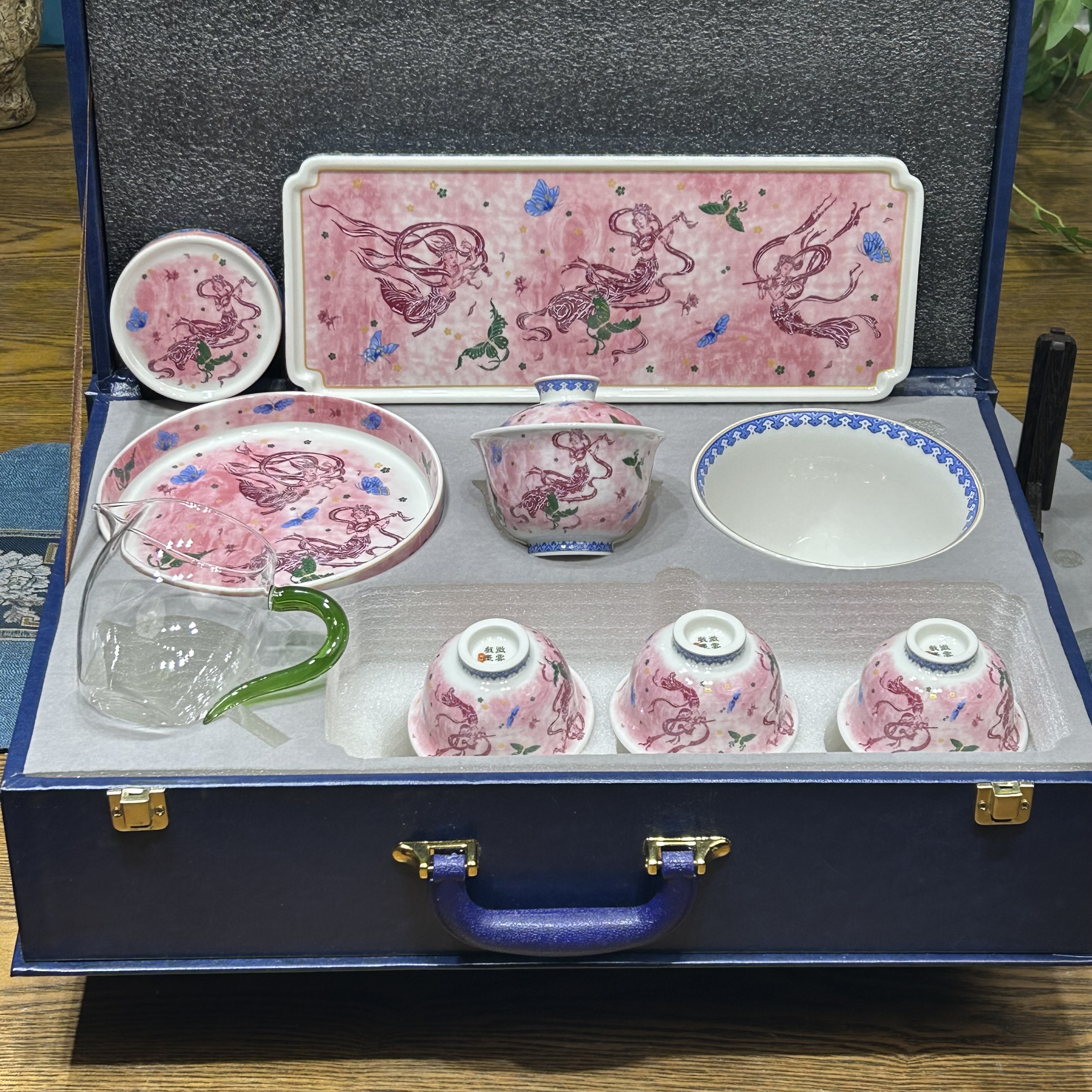 景德镇陶瓷粉彩瓷敦煌飞天侍女9件套装中式国风茶器套装功夫茶具