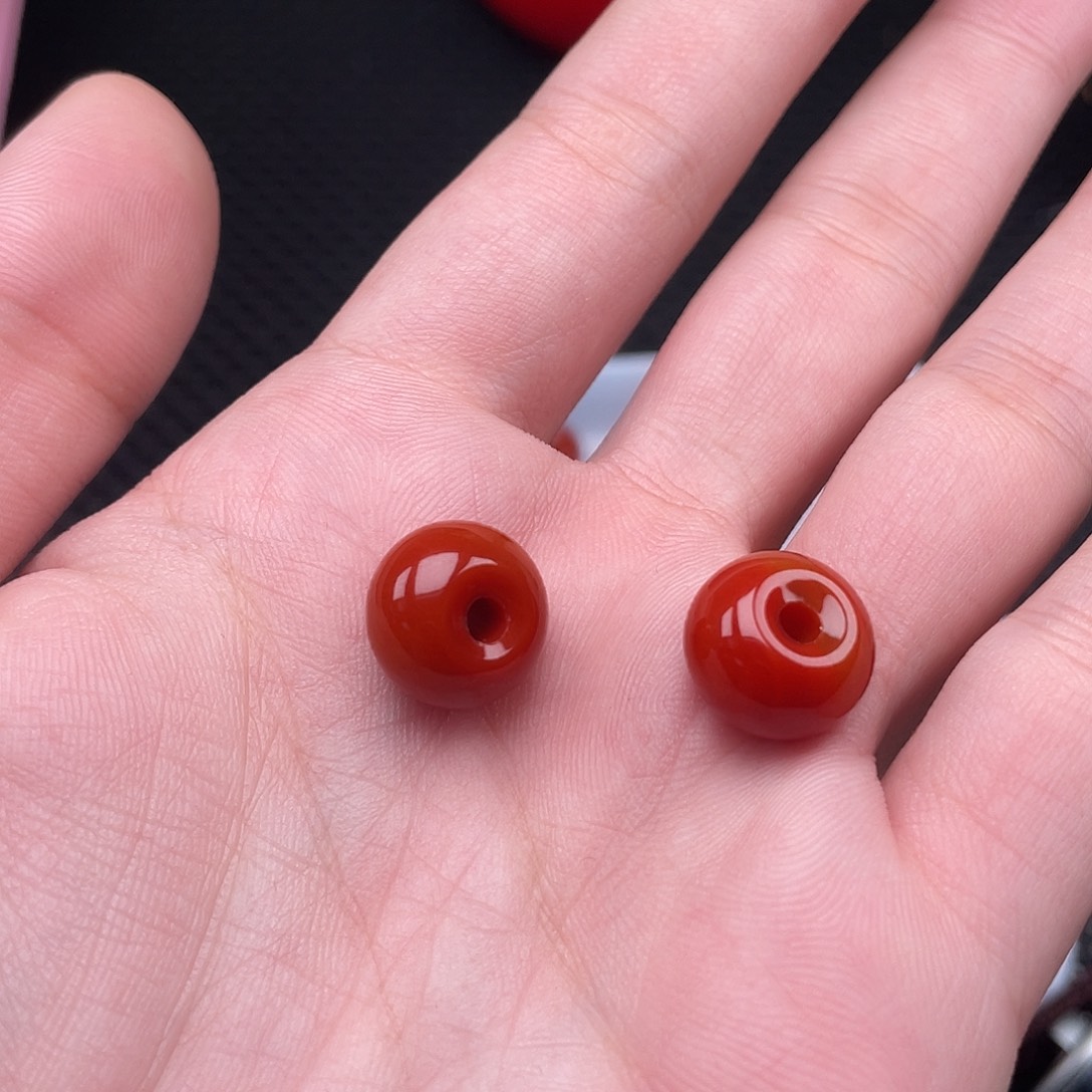 南红玛瑙未镶嵌9*14柿子红甜甜圈一组2颗