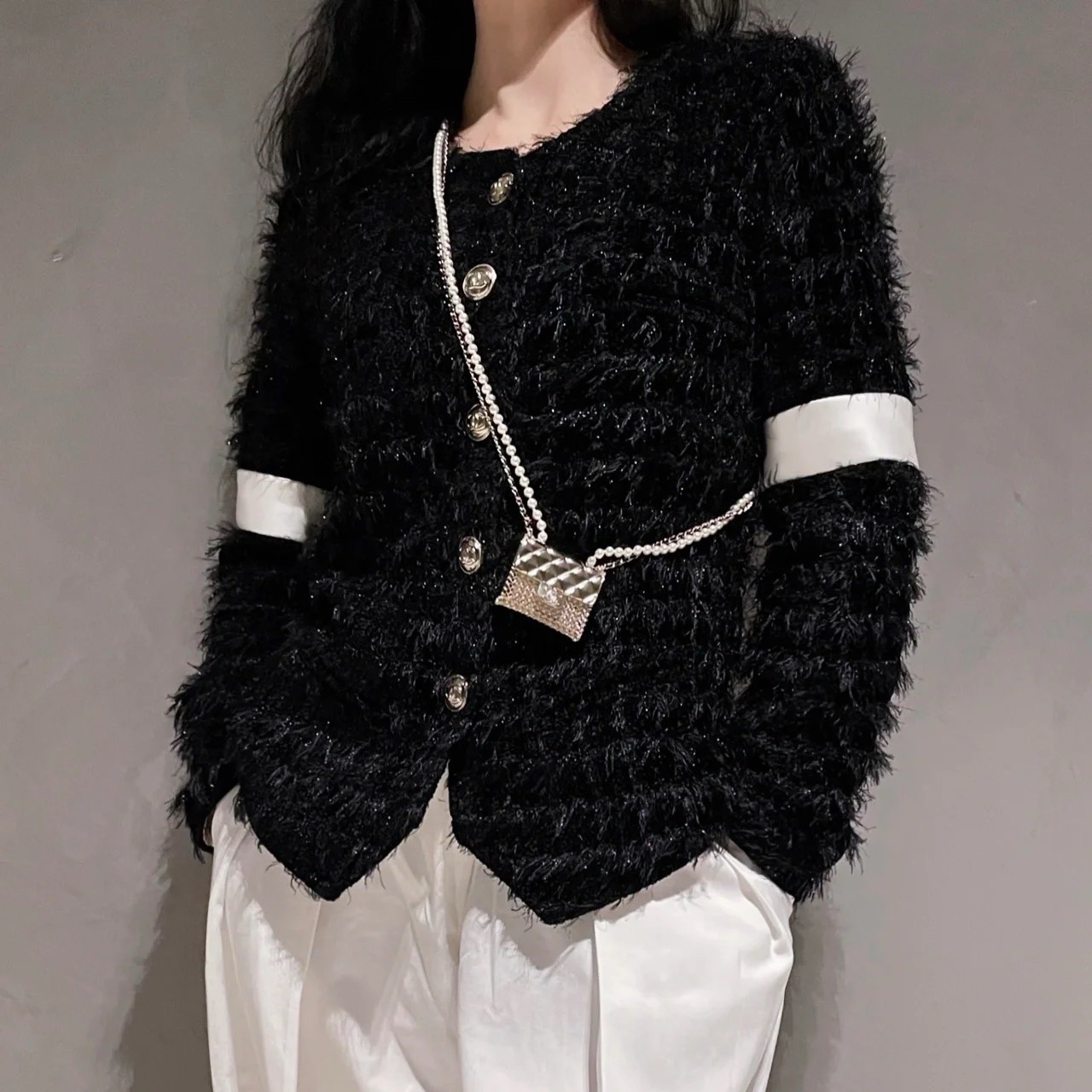 未使用 Chanel/香奈儿 马术系列黑白毛毛外套/36码/41799