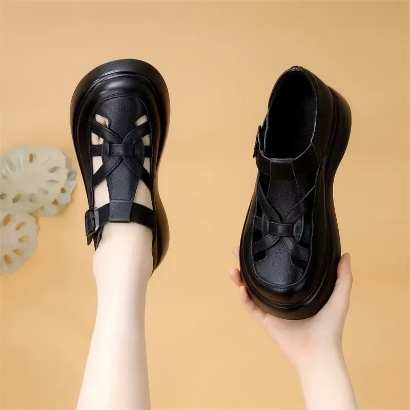 罗马凉鞋女鞋2025夏季新款牛皮圆头厚底松糕底镂空包头猪笼鞋