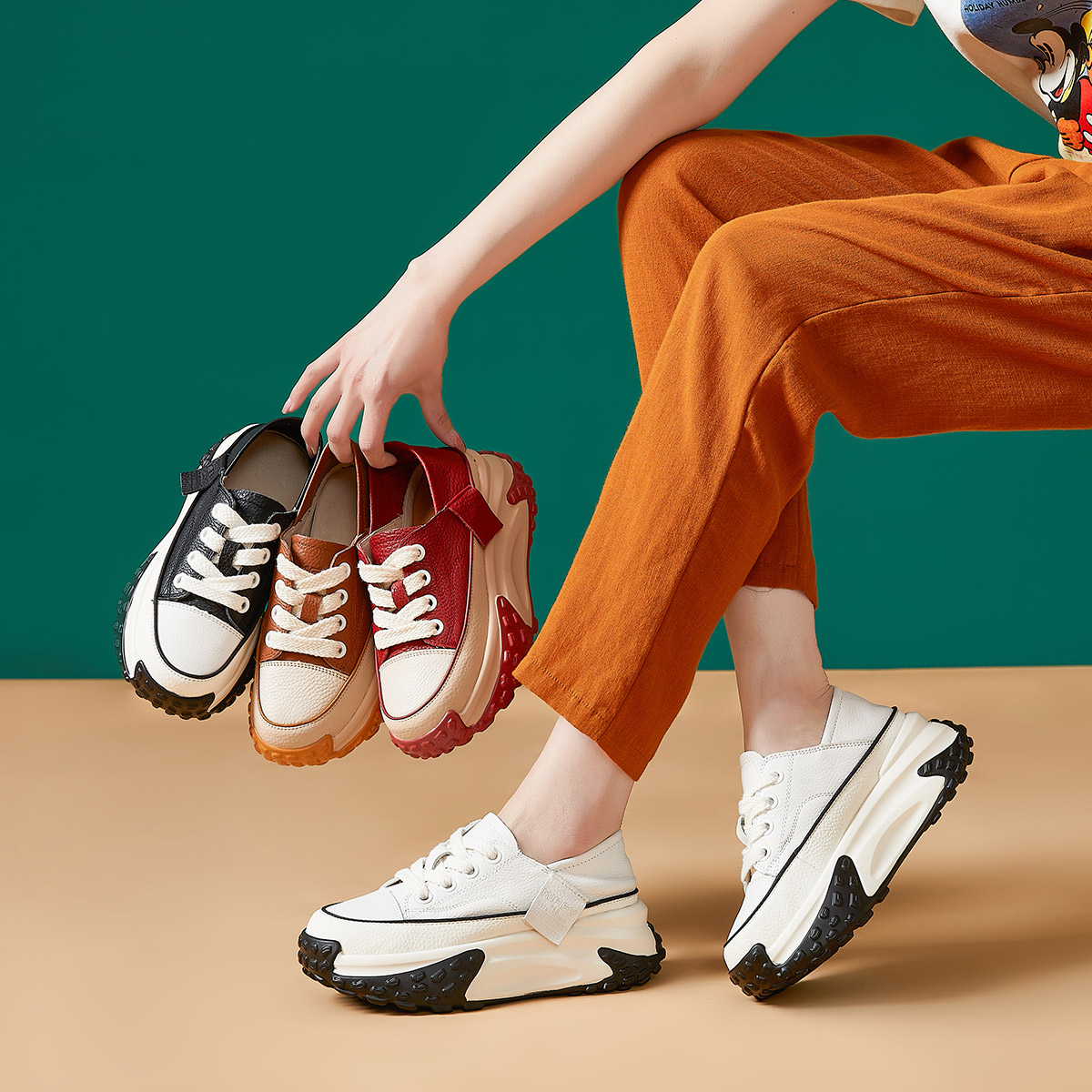 | 百媚生 | 013真皮头层牛皮双色厚底老爹鞋女士休闲鞋女鞋