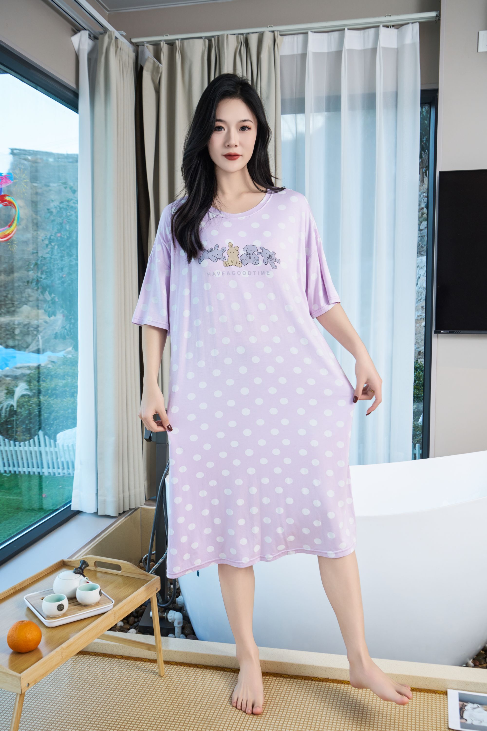 6207胸垫款甜美休闲韩版长款大波点宽松舒适加大加肥睡衣家居服裙