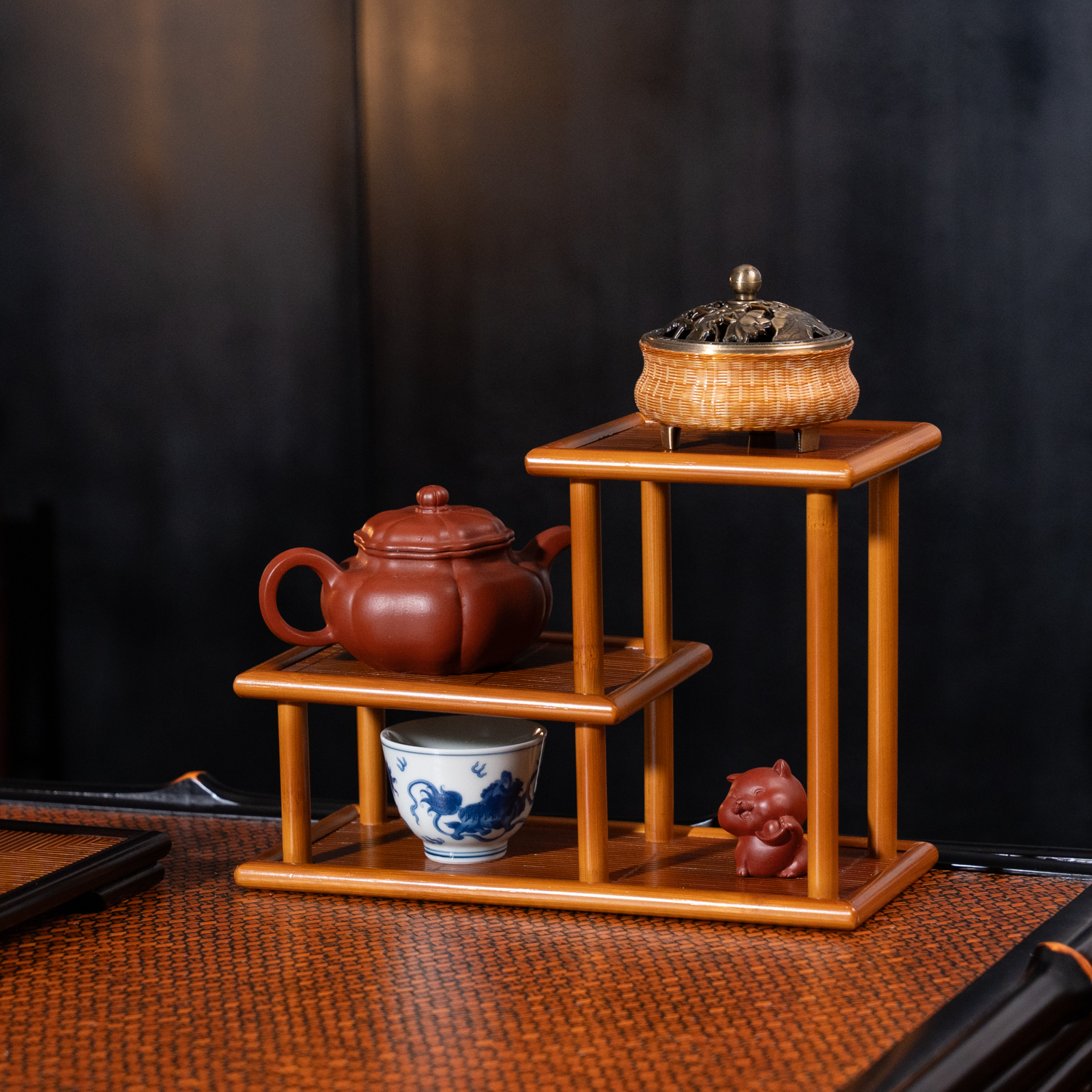  【千山】杯架楠竹竹丝席面茶杯架茶壶架收纳置物架