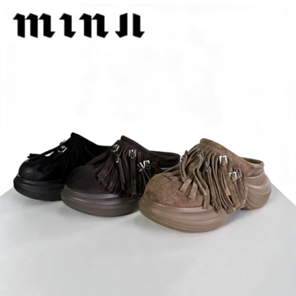 Min Er鱼嘴中国风防水夏季增高一字拖厚底包头松糕底黑色