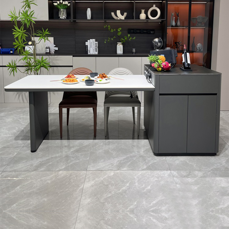 意式轻奢餐桌岛台一体可伸缩家用深灰色小户型可定制多功能餐岛台