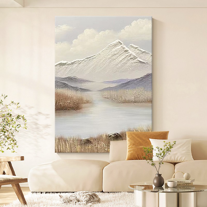 背有靠山纯手绘油画雪山湖水风景玄关挂画客厅竖版肌理丙烯装饰画
