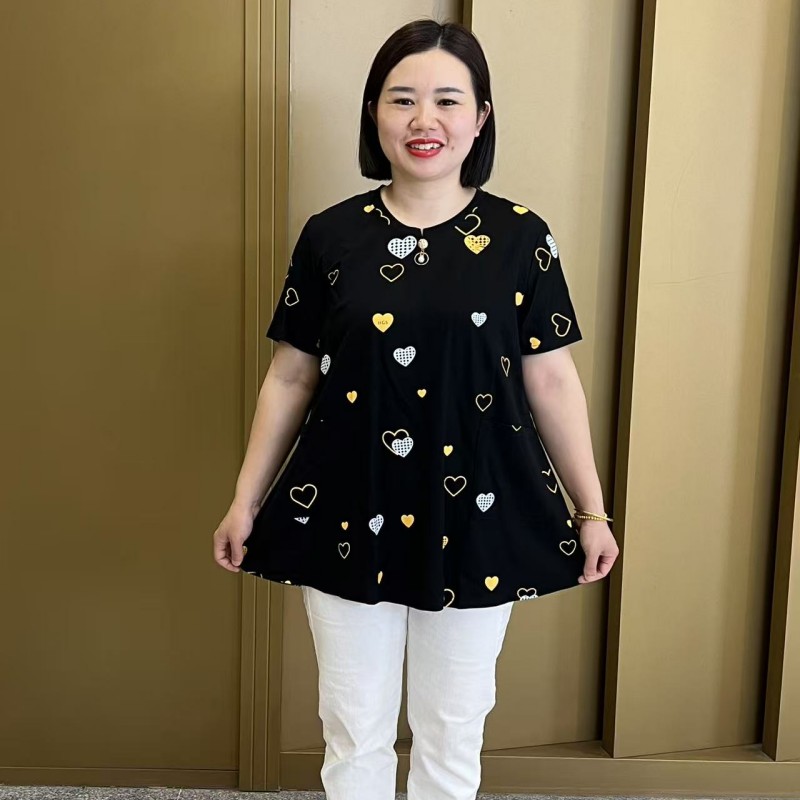 夏季新款圆领印花加大加肥宽松显瘦短袖大版上衣
