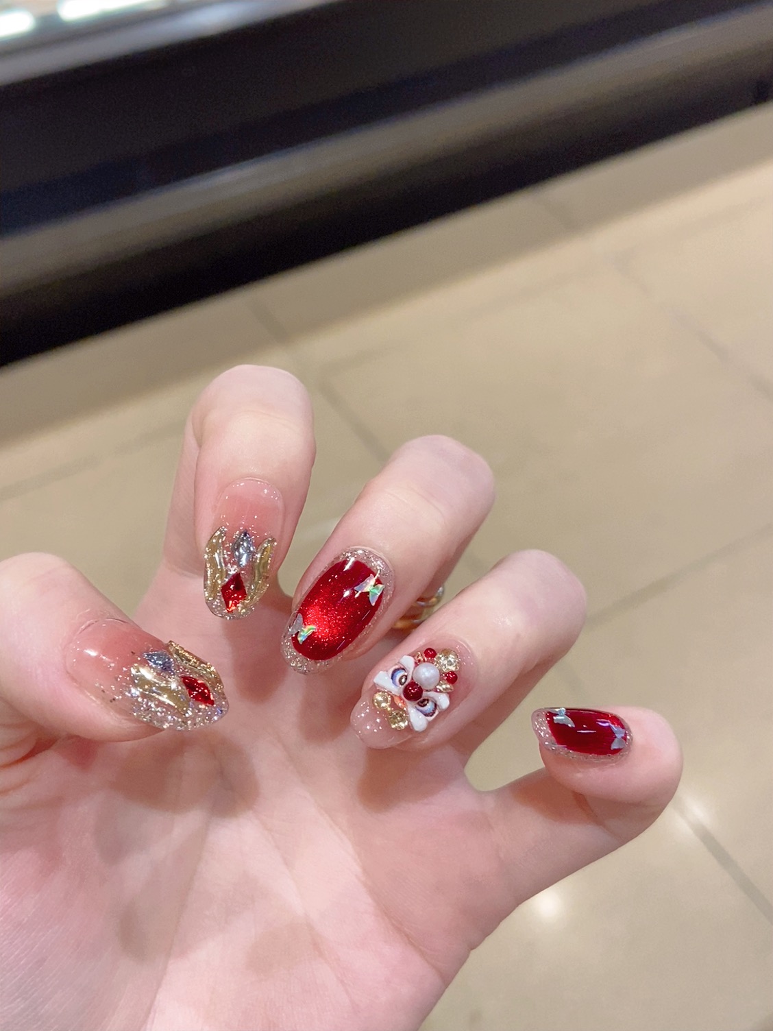 【鸿运醒狮】 纯手工穿戴甲 显白牢固聚会百搭新年醒狮款美甲 B