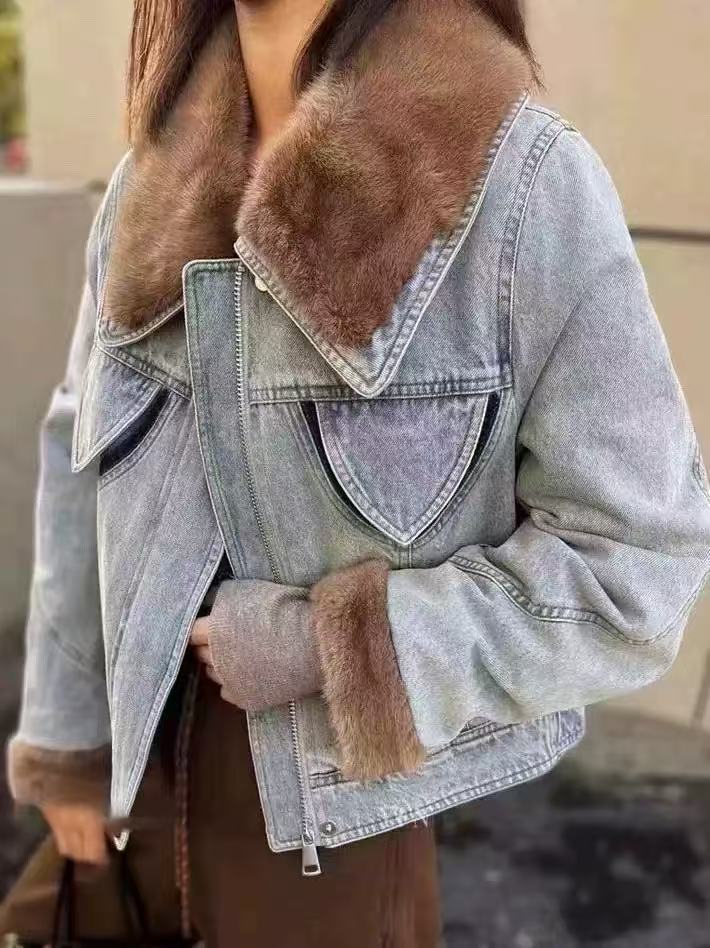 秋冬款牛仔水貂毛女装外套加厚加绒女款