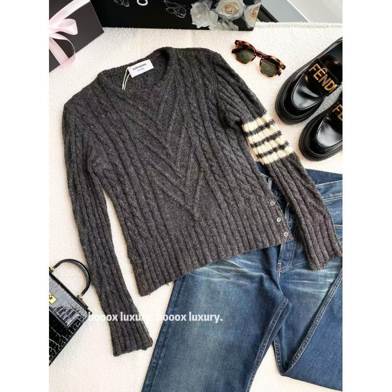 95新 THOMBROWNE  xw215 羊毛 灰色四条纹羊毛针织开衫外套 10码